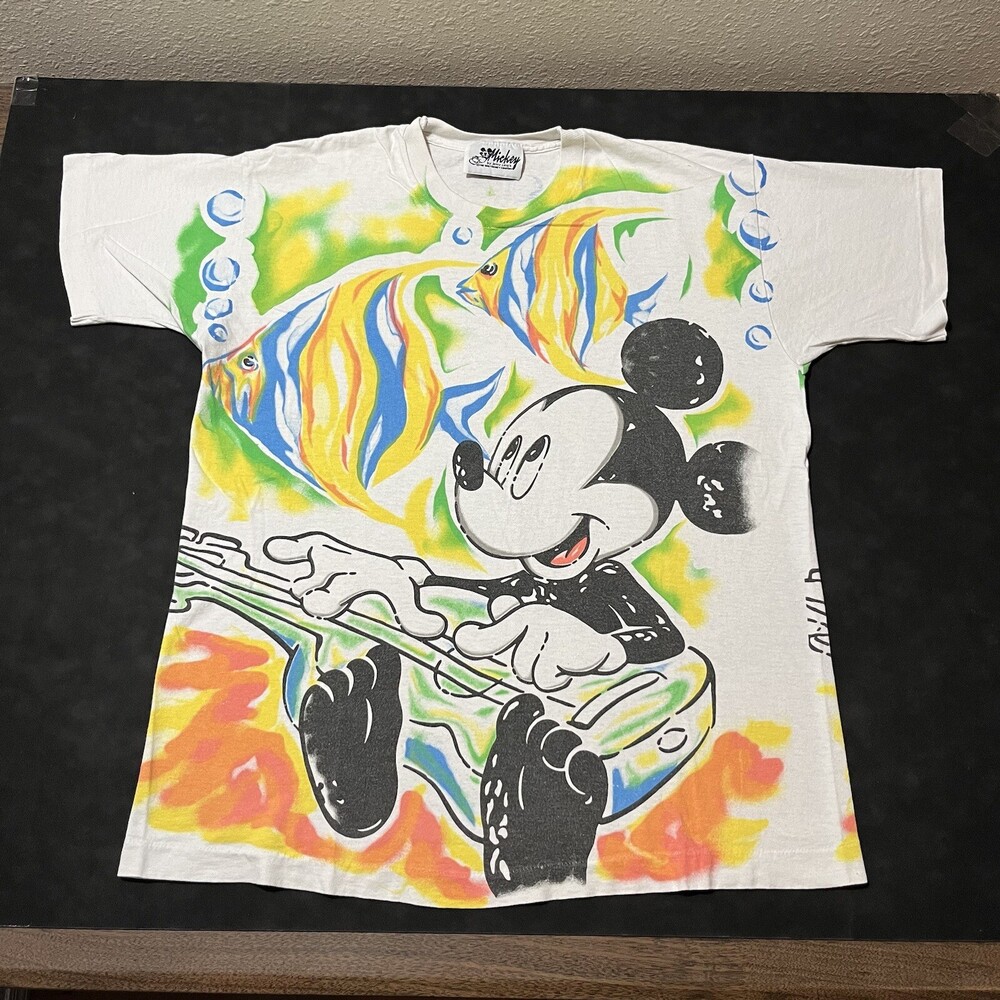 Mickey Mouse All Over Print Shirt Hawaiian Jerry Leigh Vintage Fishing Music 80s